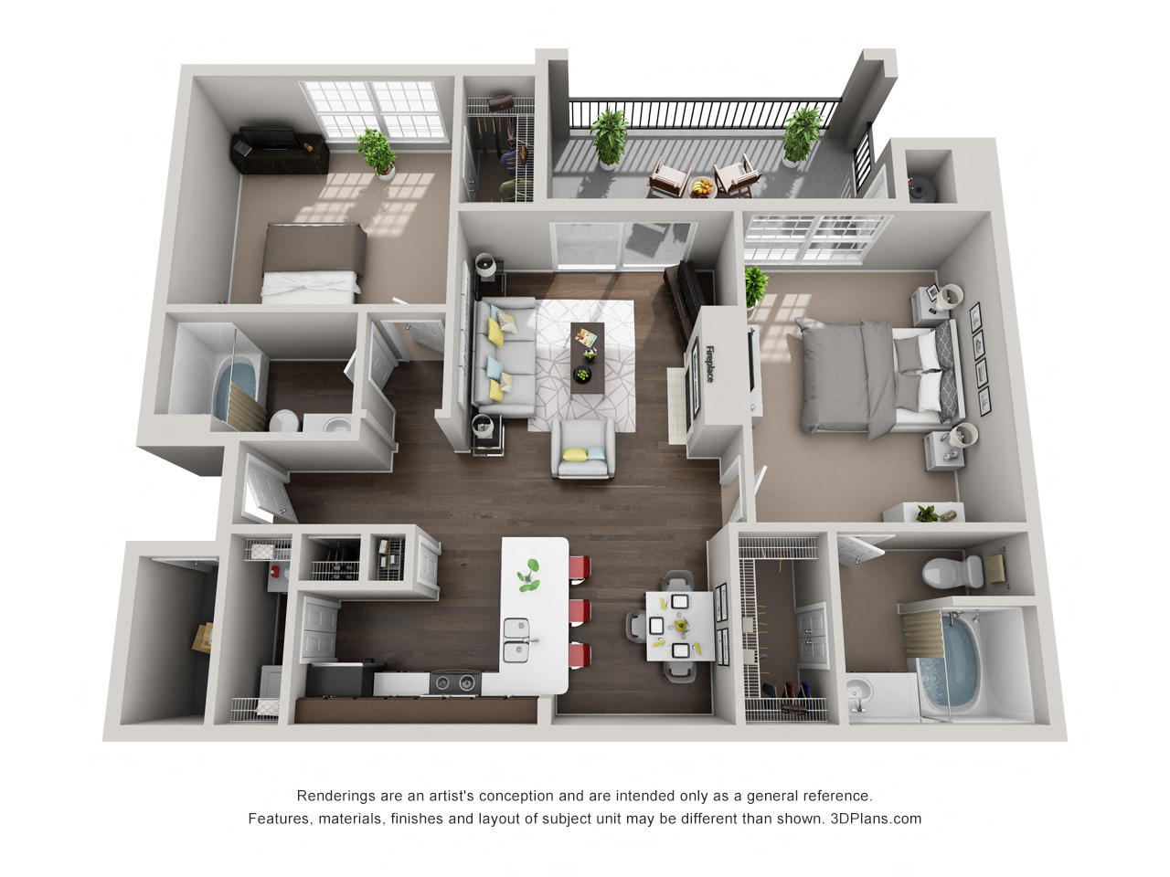 Floor plan for 2 beds, 2 baths, 1054 sqft